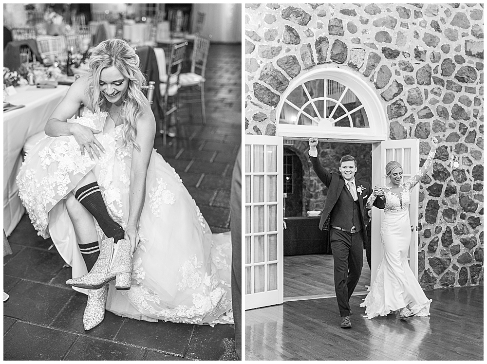 Must-have wedding photos | Atlanta wedding photographer | black and white photo of a bride and groom having their grand entrance to their wedding reception