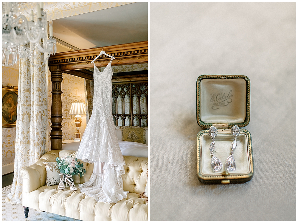 What is a fine art wedding photographer? | Atlanta fine art wedding photographer serving Georgia and beyond | Side by side photo of a dress hanging on a victorian style bed, next to a closeup of diamond bridal earrings in a vintage jewelry box