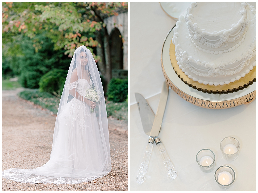 Fine Art Luxury Wedding Photographer in Atlanta | Bride posing for a bridal portrait wearing a long blusher wedding veil | top level angle of a lambeth wedding cake with candle votives and serving utensils