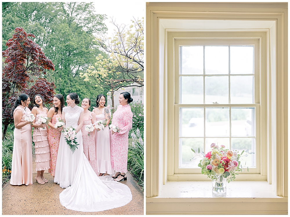 Fine Art Luxury Wedding Photographer in Atlanta | Bride smiling with her bridesmaids in mismatched pink floral dresses and colorful pink bridal bouquet