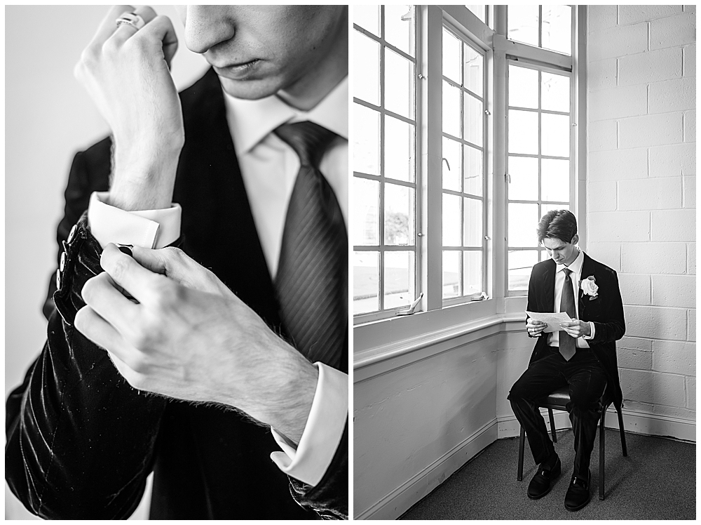 Black and white film inspired photos from an Atlanta wedding photographer | a photo of a groom getting ready and reading a letter from the bride before their church ceremony in Newnan, GA