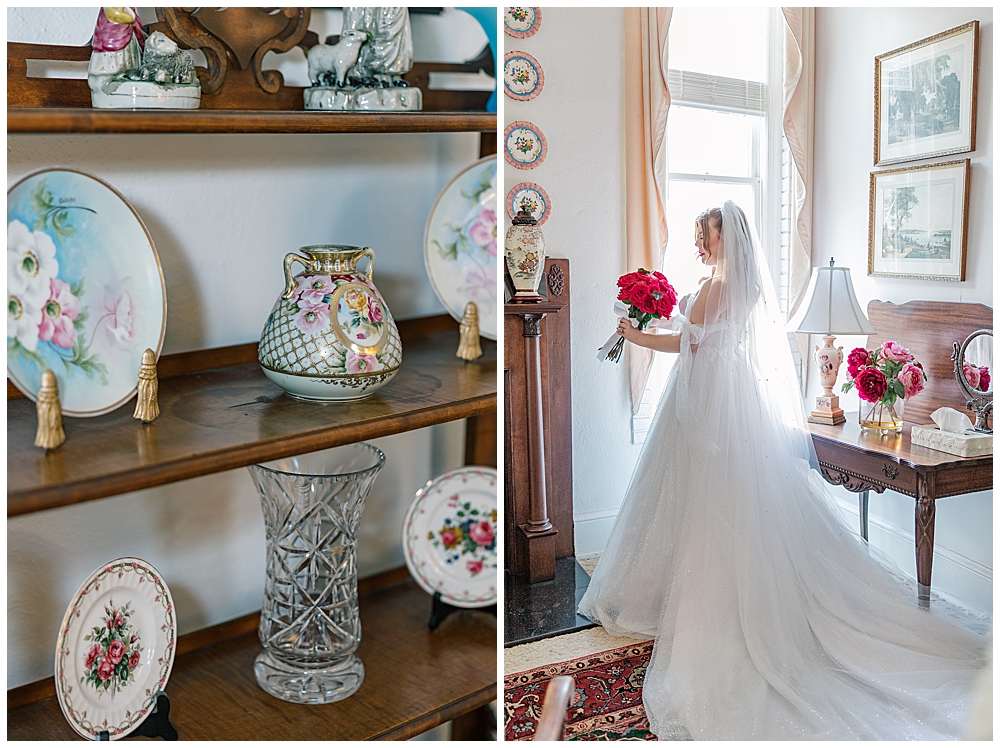 Photo of a bride admiring her hot pink Rose bouquet while standing in front of a window, with the light glowing behind her | Film-inspired wedding photography near Atlanta for church or chapel wedding