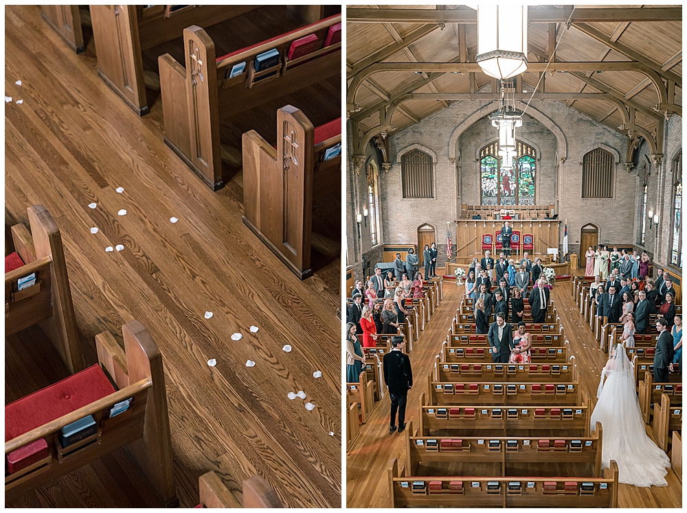 Bride and groom walking down the aisle in a classic, wood and stone aesthetic church chapel in Newnan, GA | Photo taken by a film inspired light and airy wedding photographer in Atlanta