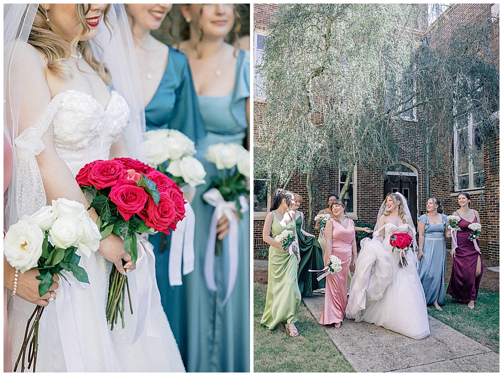 Bridesmaids with mixed spring color bridesmaid dresses pose with a bride in an off-shoulder ballgown, each carrying minimalist bouquets of roses | Photos by an Atlanta wedding photographer with a film-inspired editing style