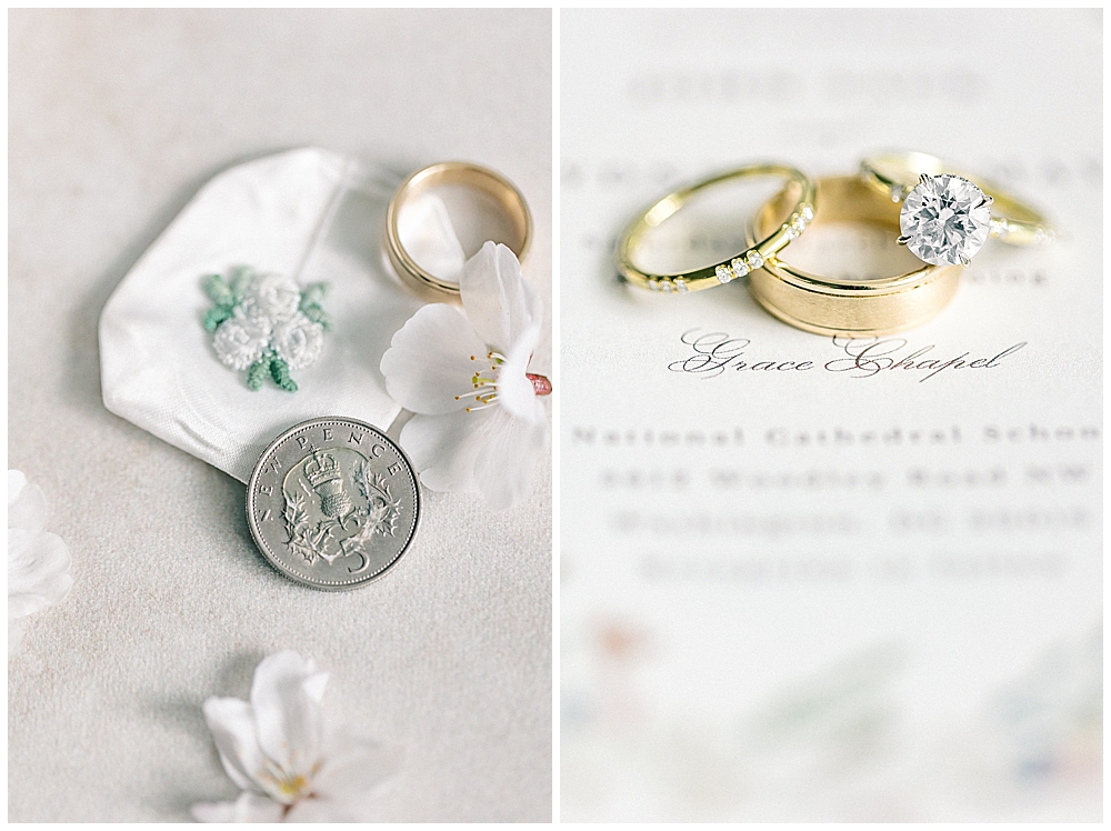 Traditional six pence in her shoe idea for wedding and gold wedding band set with solitaire diamond engagement ring | Atlanta wedding photographer