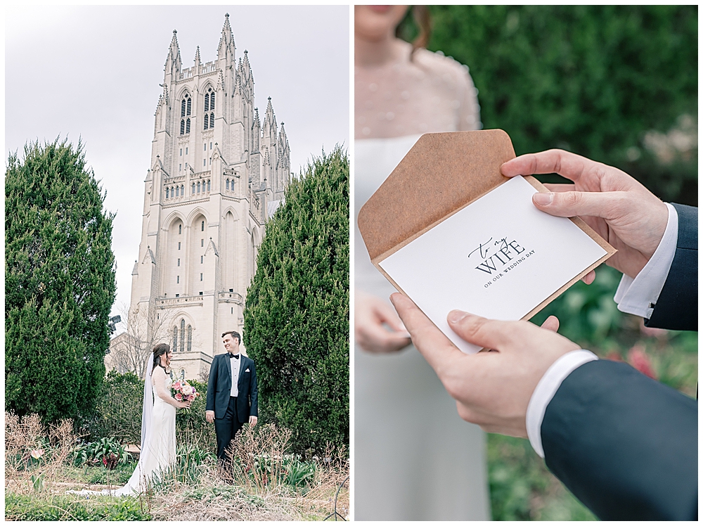 A bride and groom sharing a first look and exchanging letters in front of Washington National Cathedral | photos by Georgia wedding photographer Emily Nicole Photography