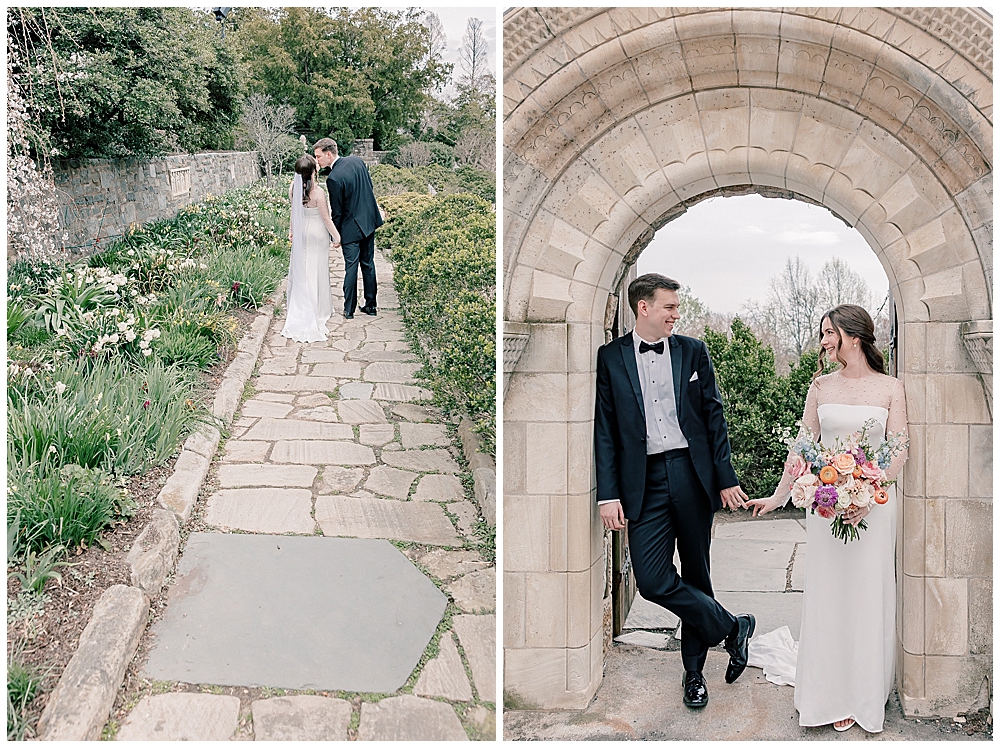 Portraits of a bride and groom at a church garden on their wedding day | Atlanta wedding photographer with film inspired editing style