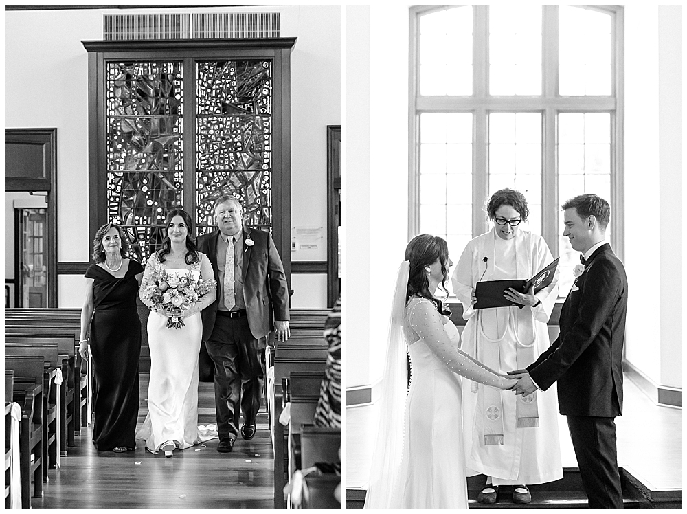 Black and white wedding ceremony photos at an Atlanta church | film inspired wedding photography