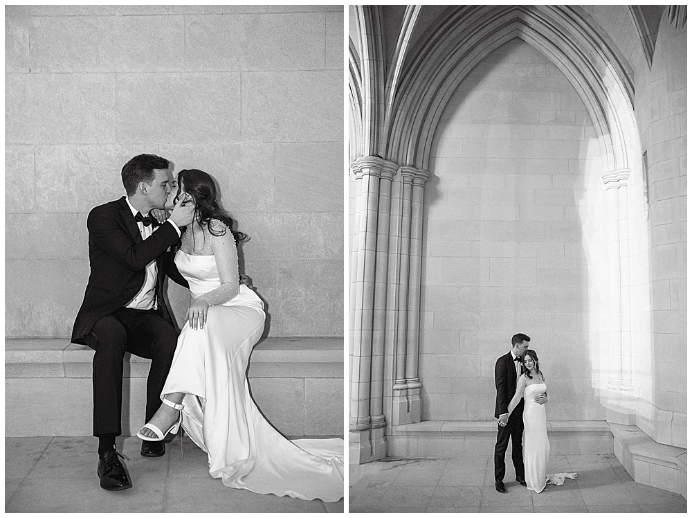 Black and white blue hour portraits of a bride and groom at an Atlanta church pastel wedding | Film inspired wedding photos