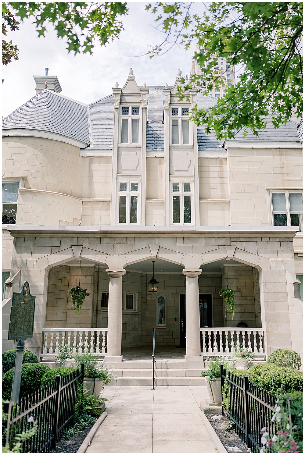 A photo of the Wimbish House, a small historic estate wedding venue in Atlanta on Peachtree Street NE, taken from the outside by an Atlanta Wedding Photographer Emily Nicole Photography